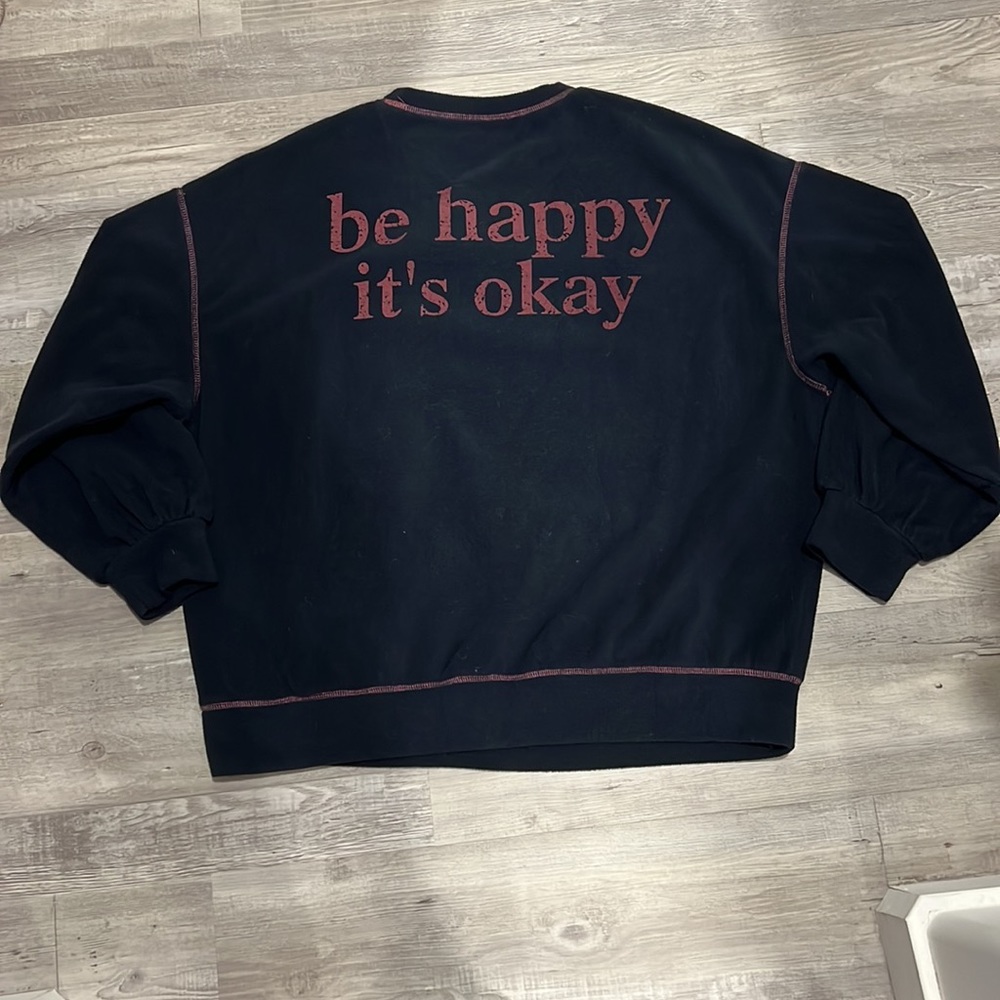 XLarge navy blue Shein sweater with maroon stitching and words.